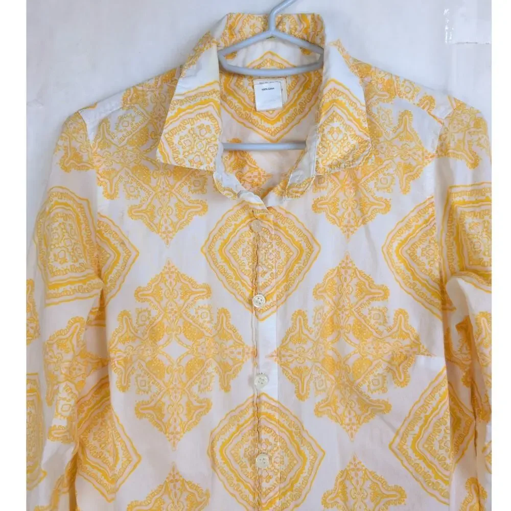 J.Crew The Perfect Shirt cotton diamond paisley button up Size S Yellow Retro